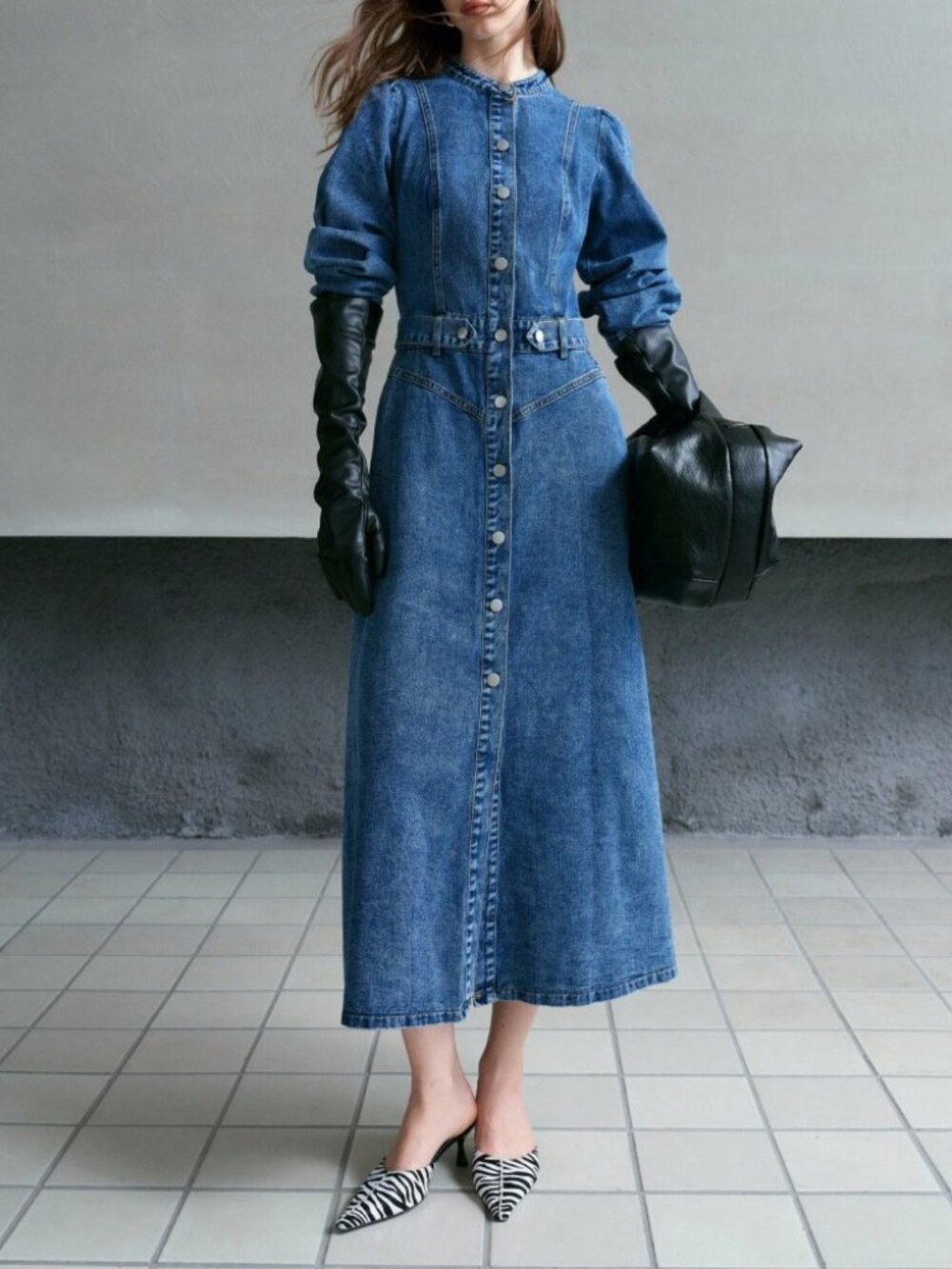 Blue Denim Button-Front Midi Dress with Stand Collar
